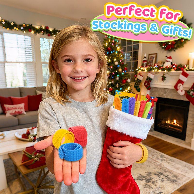 A girl holding a stocking full of KLT fidget sticks