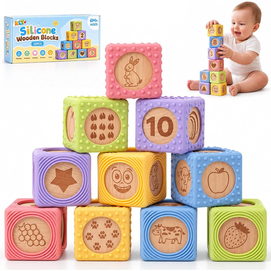 KLT Silicone Wooden Baby Blocks, 10 Pack