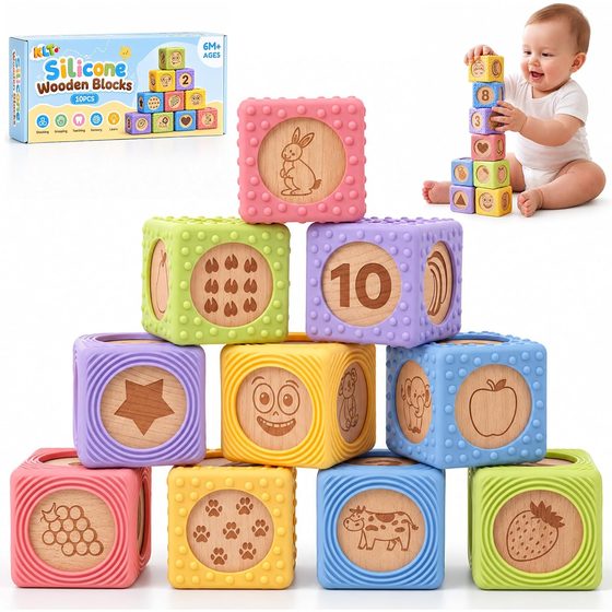 KLT Silicone Wooden Baby Blocks, 10 Pack