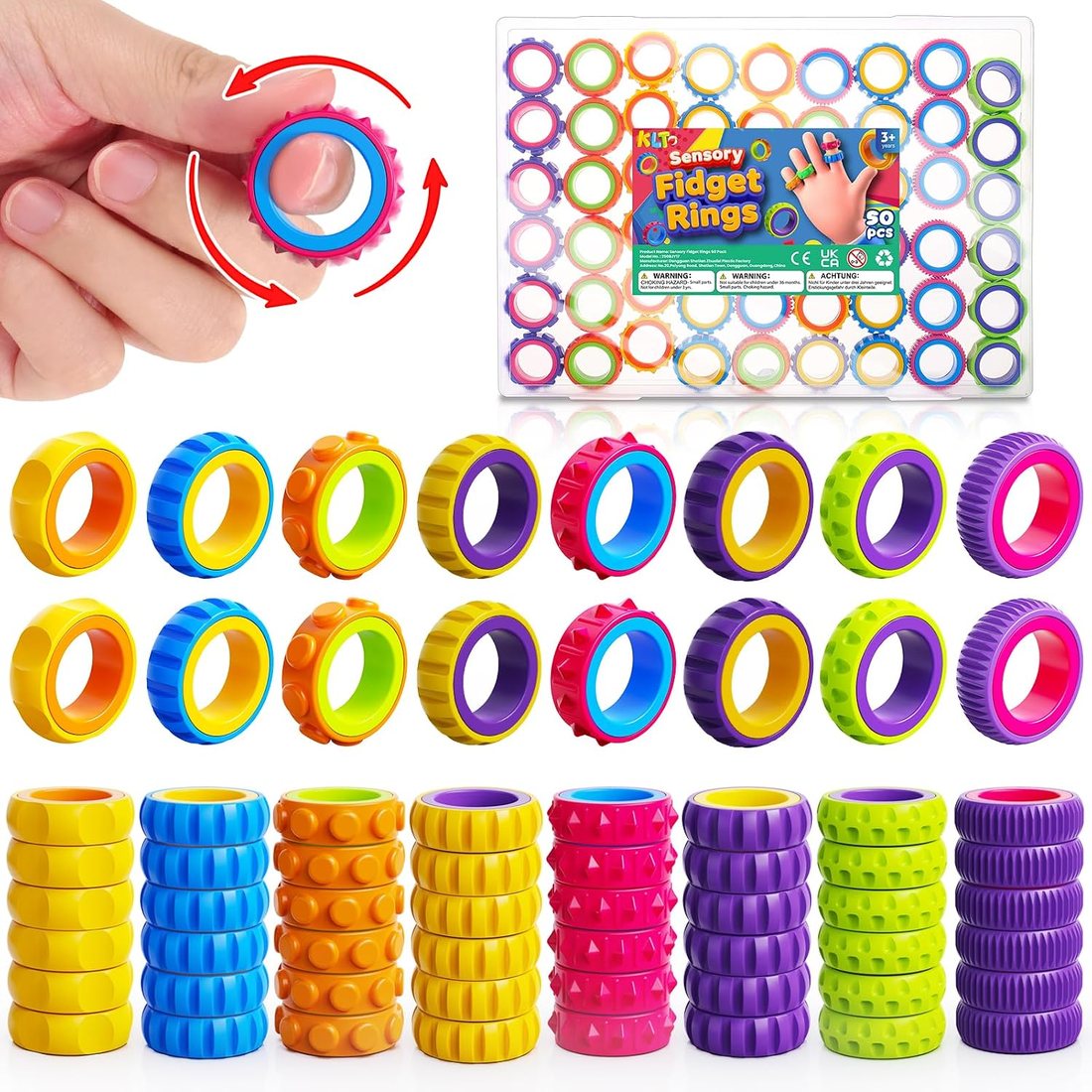 KLT Textured Finger Spinner Rings, 50 Pack